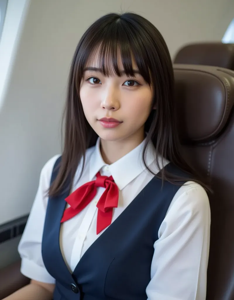 A young and beautiful Japanese female flight attendant sits in her seat in an airplane. Ultra high resolution, super quality photo.