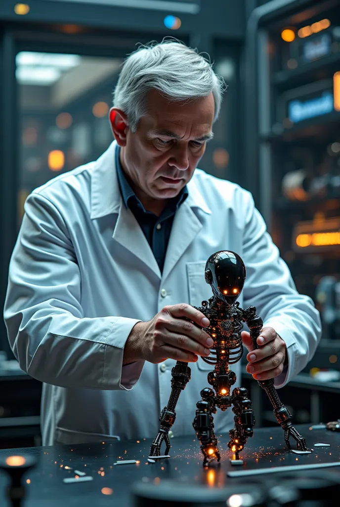 A 45-year-old scientist in a white coat who is building a nanomachine skeleton in a cyberpunk laboratory 