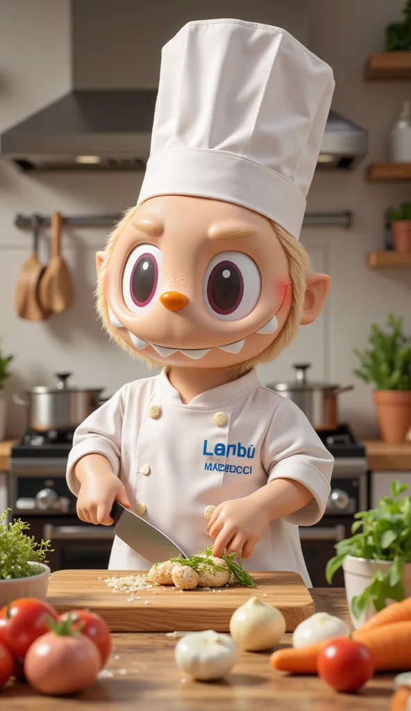 A cheerful cartoon character named Labubu wearing a white chef's uniform with "MADECI" written on the front. Labubu is standing in a modern, well-lit kitchen, wearing a tall chef's hat. He is holding a knife, ready to chop vegetables on a wooden cutting bo...