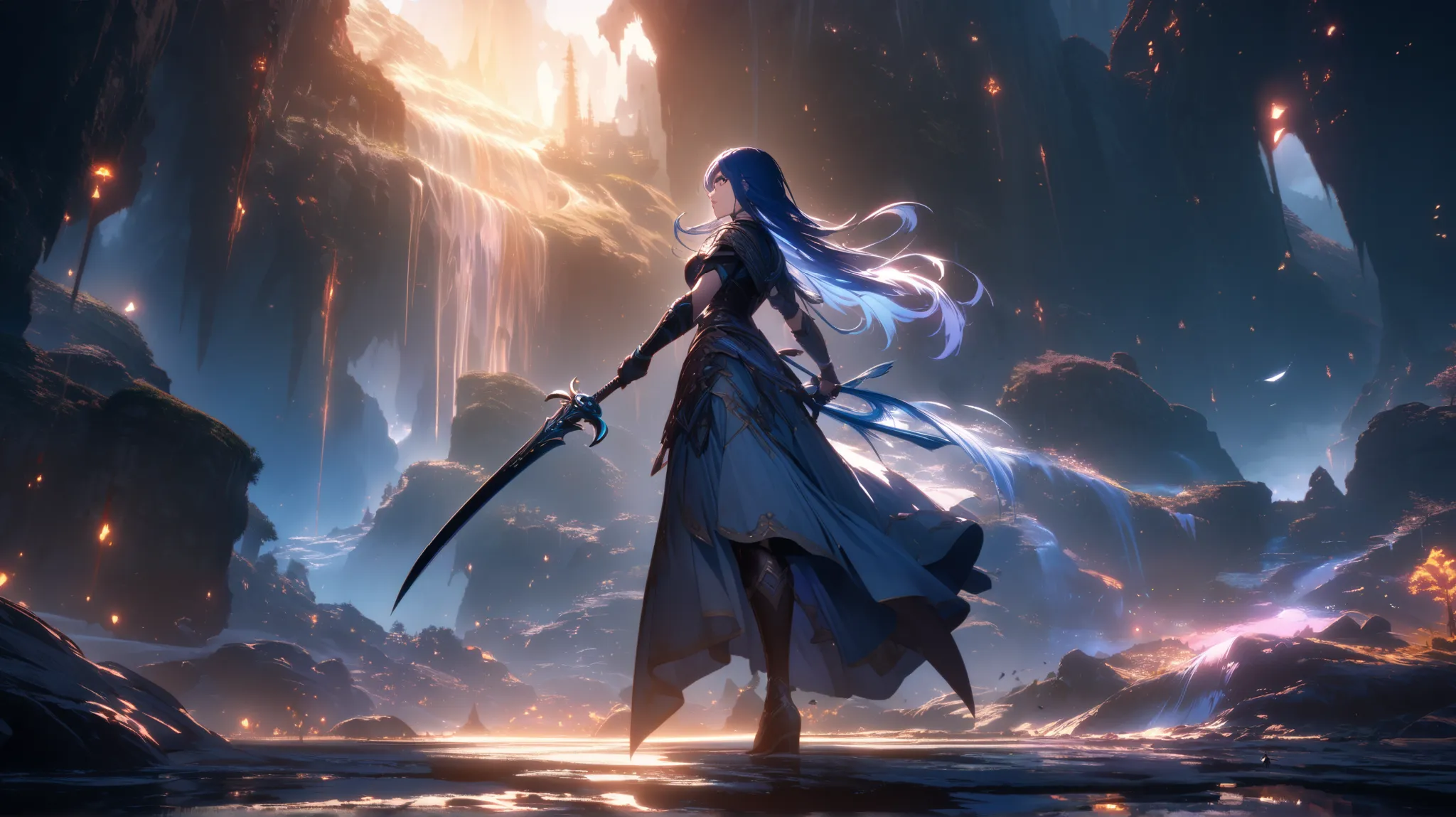 Ultra detailed, 8K, dynamic lighting, anime game asset, 1 girl, sword, night blue hair, sword, fantasy 