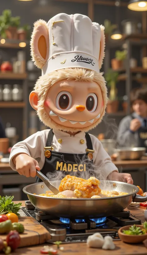 Labubu, the energetic cartoon chef, slicing fresh vegetables and frying crispy golden chicken in a deep pan. His uniform, with "MADECI" written on it, is slightly stained from cooking. The kitchen is lively, with steam rising from pots and sizzling sounds ...