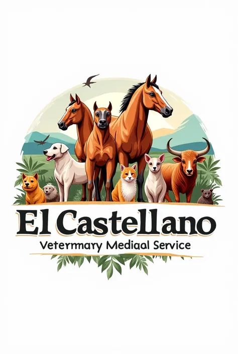 The logo of my veterinary clinic with the name El Castellano, Say below veterinary medical service in Spanish. That the images include farm animals, bullfighting, sheep, horses, birds, Dogs and cats 