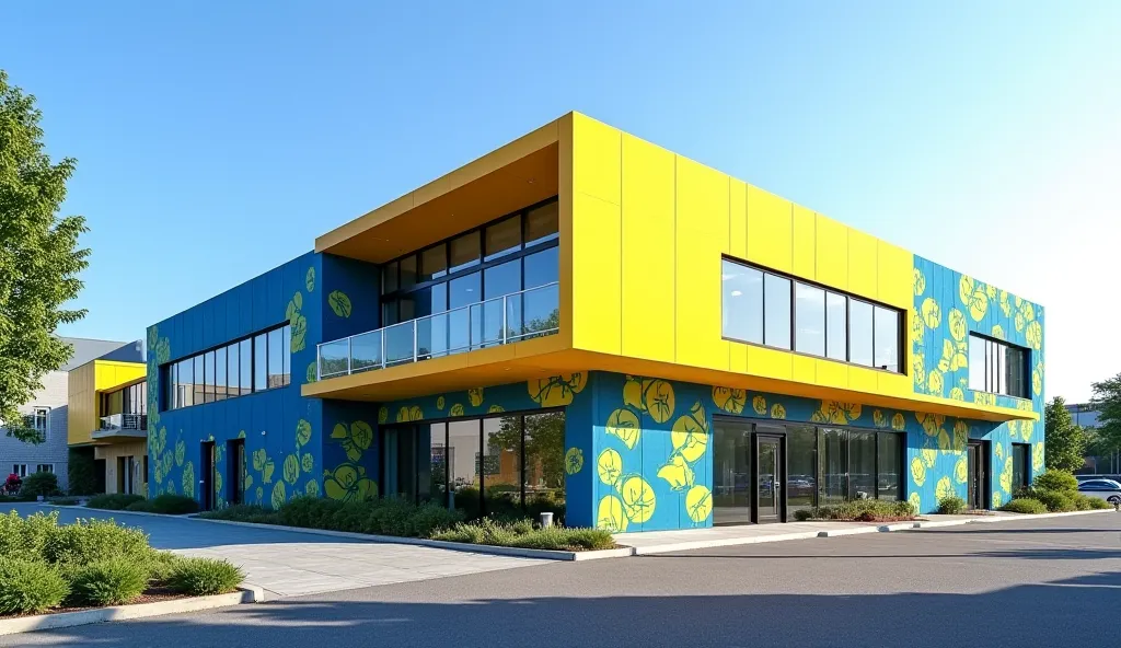 "A 10-meter-wide, two-story recycling facility designed for community interaction. The exterior is painted in KOMADA's signature yellow and blue colors, with a large eco-friendly mural on one side. The first floor has an open space for waste drop-off, whil...