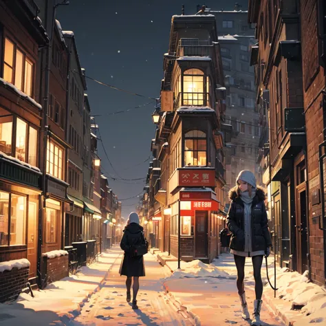 night time walk, beautiful scenery, cold ambient, snowy, girl walking on the background