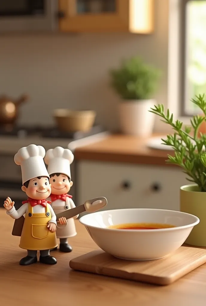 is a nice Tiny Figures collection wearing small chefs next to an empty dish, with a sign that says: 'A nice surprise is coming...  Get ready !', the background of a nice kitchen with a bright atmosphere