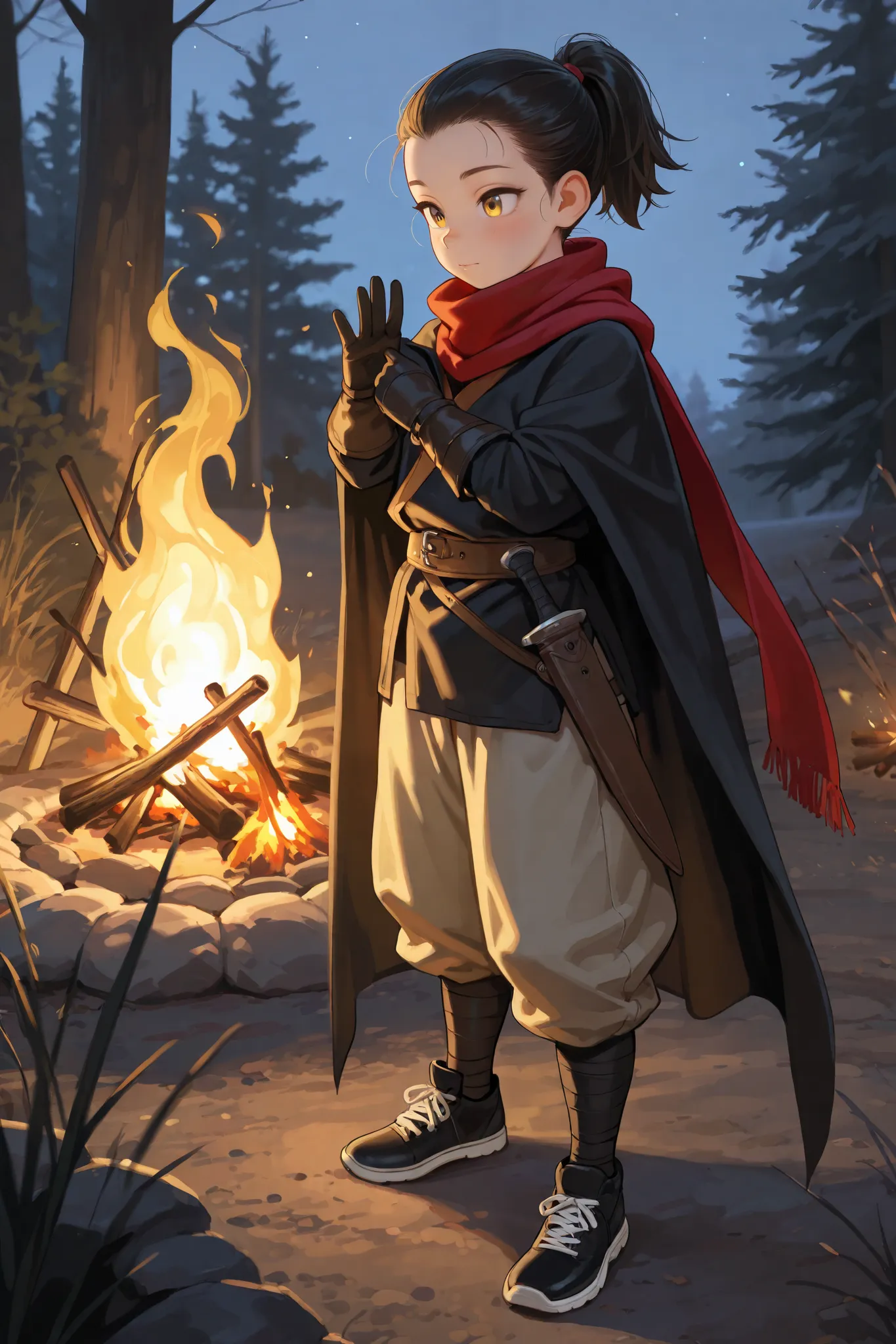 Femboy, male, adult, 18 years old, black hair, dark brown eyes, Asian, petite, large black cloak, heavy gloves, cute, running shoes, medieval, red scarf, ponytail, pulled back hair, short hair, ninja, dagger on waist, saggy pants, posing in Forrest, nightt...