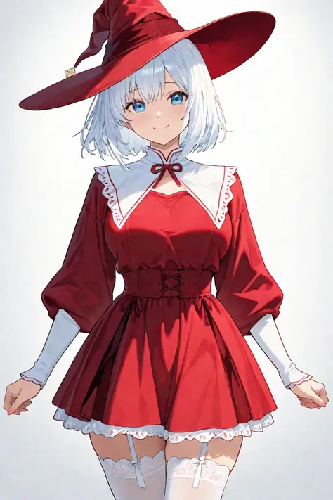 woman wizard , medium white hair,  blue eyes, Black and red hat on top ,red dress with medium breast neckline,  white stockings 