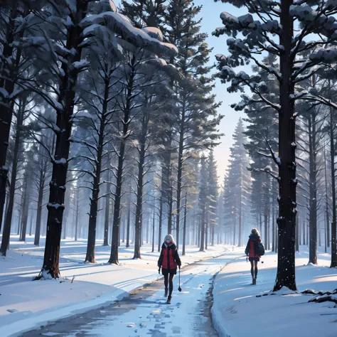 night time walk on the forest, beautiful scenery, cold ambient, snowy, girl walking on the background