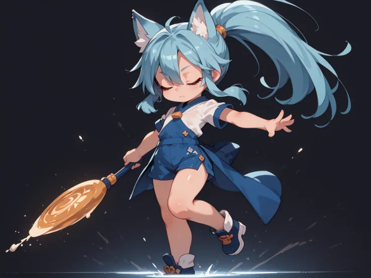 1人の女の子（とても幼い）、full body、,light blue  hair,long hair,split ponytail,hair between eyes,black eyes, diamond-shaped pupils,janitor, closed eyes,fox ears, shiny skin