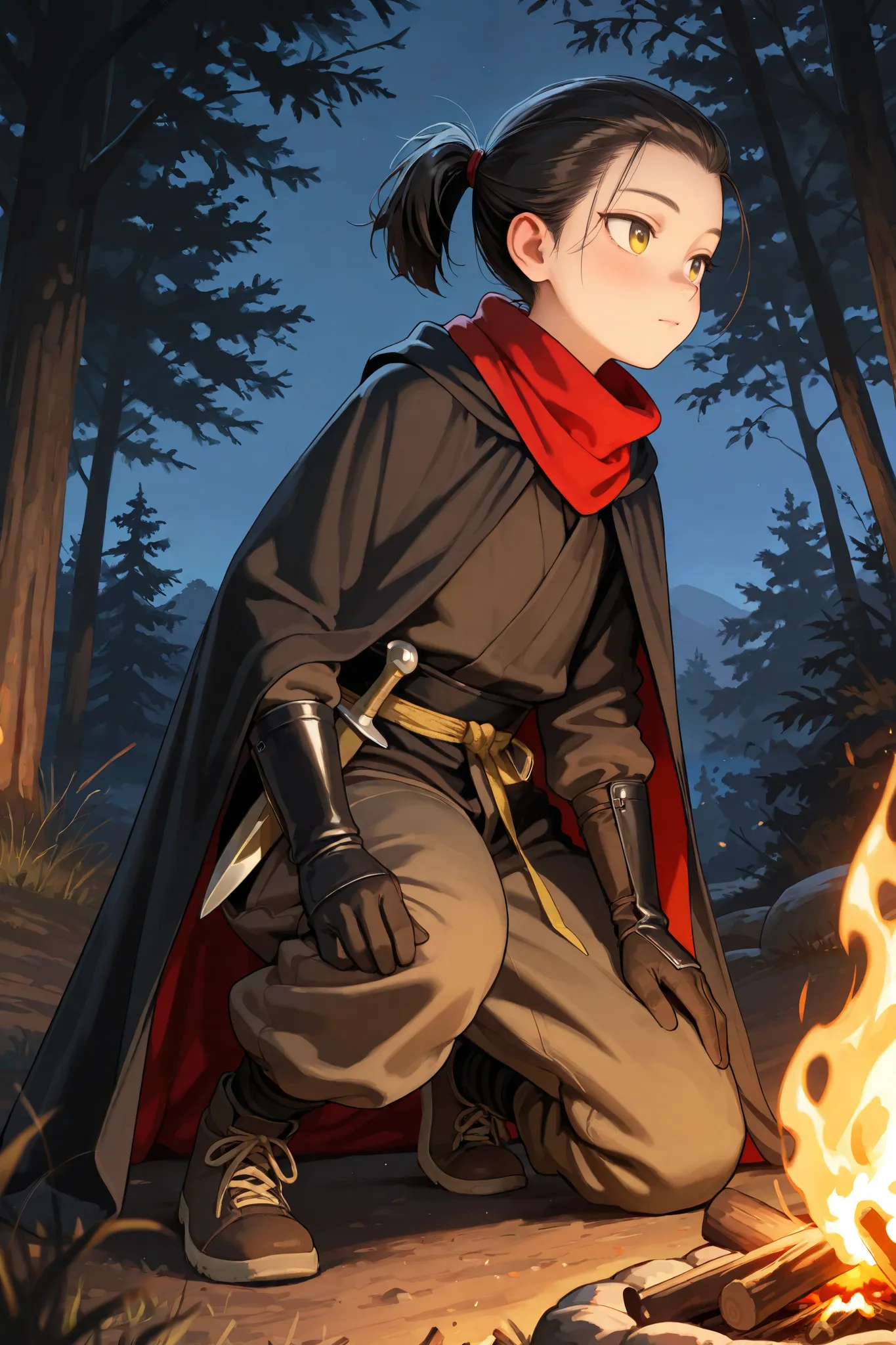 Femboy, male, adult, 18 years old, black hair, dark brown eyes, Asian, petite, large black cloak, heavy gloves, cute, running shoes, medieval, red scarf, ponytail, pulled back hair, short hair, ninja, dagger on waist, saggy pants, posing in Forrest, nightt...