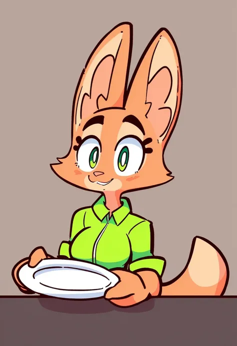 1girl, furry, fox, female, Diane Foxington, green eyes, holding a plate, by diives