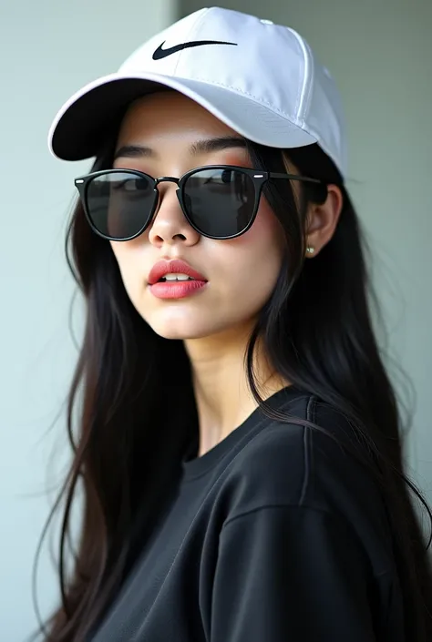 Create an image of a white girl with straight and long black hair wearing sunglasses and a white Nike cap on her head 