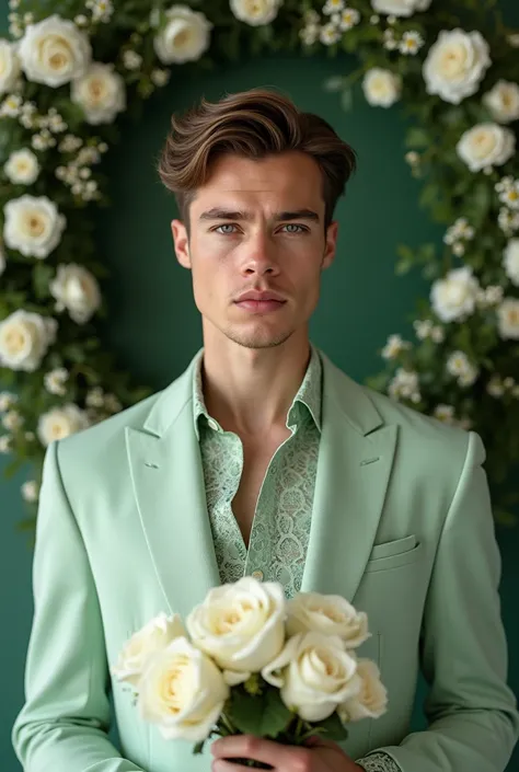 Here is an updated promt with a removed wreath and fashionable half-box haircut:

---

** ultra-realistic, a trendy portrait of a young man in calm, floral setting. He is wearing an elegant light green suit with exquisite lace details on the collar and cuf...