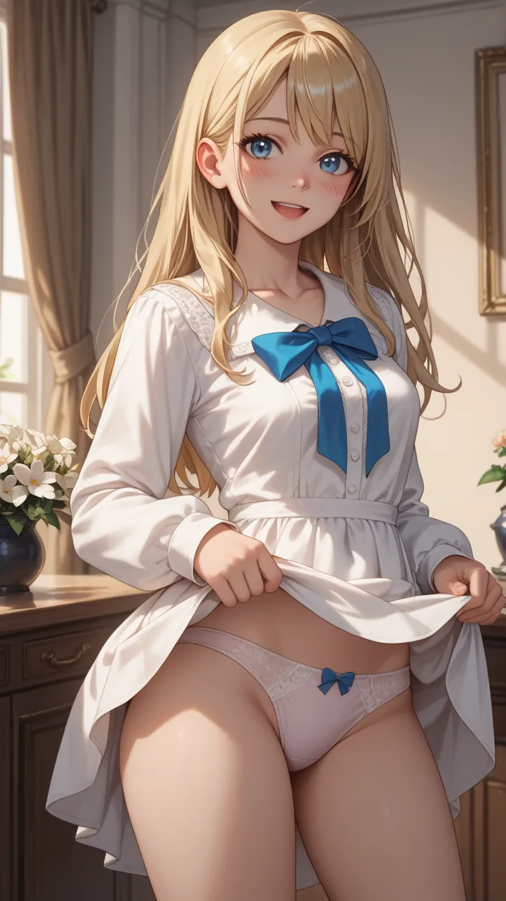 1girl, solo, long hair, breasts, looking at viewer, blush, smile, open mouth, blue eyes, shirt, blonde hair, long sleeves, bow, navel, standing, underwear, collarbone, flower, thighs, :d, cowboy shot, indoors, white dress, clothes lift, white skirt, skirt ...