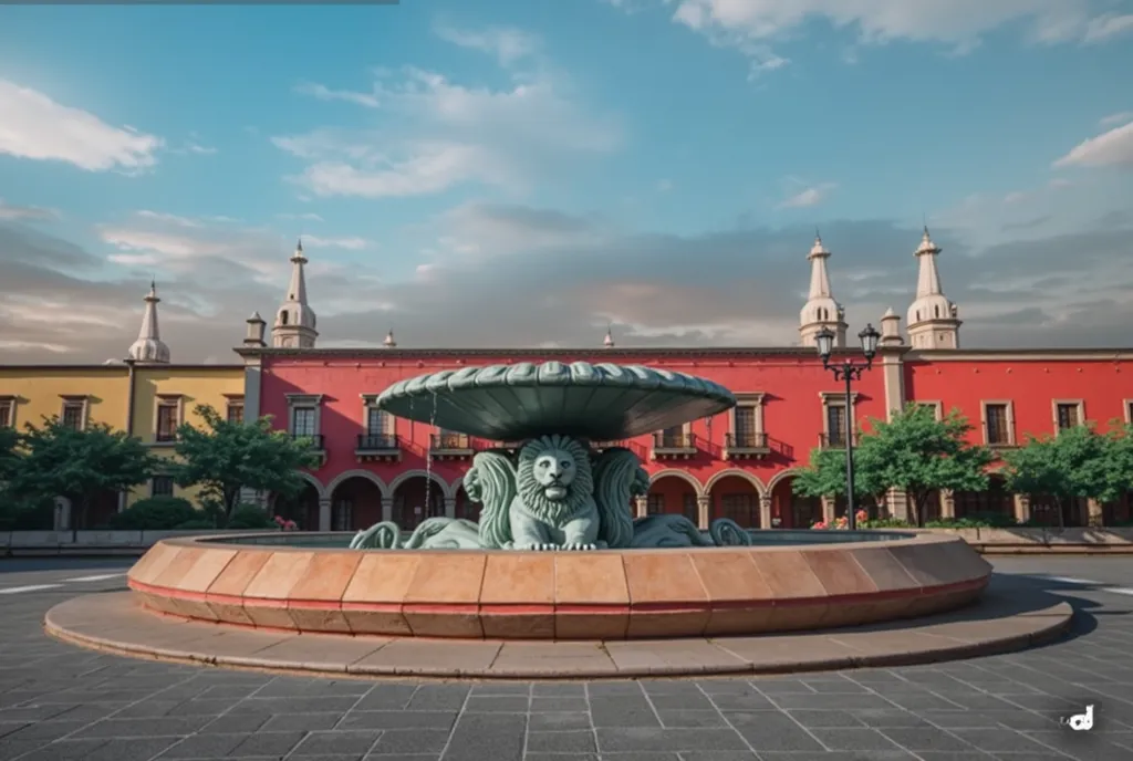 A fountain of a lying lion, The fountain surrounded by flowers