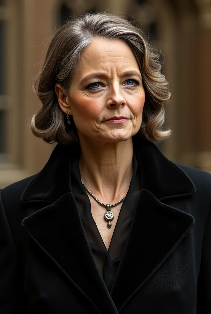 Jodie Foster as a Miskatonic University professor. Female. Mysterious and Alluring Archeology Professor. Elegant with graying raven-black hair, pale skin, and piercing amber eyes. Always adorned in Gothic academic attire, with a necklace bearing an ancient...