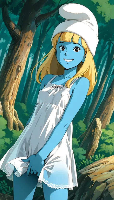 (1girl, smurfette), (extremely detailed CG unit 8k wallpaper),(master part), (best quality), (ultra detail), (best illustration),(ghibli_style), cowboy shot, dutch angle, close up, standing, facing viewer, looking at viewer, perfect face, perfect eyes, per...