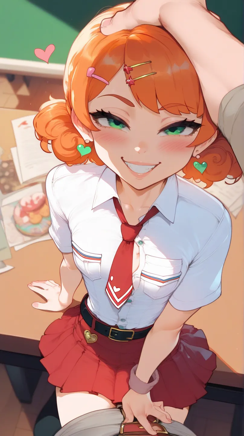 score_9, score_8_up, score_7_up, GwenSDXL,1loli, small breast, skinny, young, , petite, short hair,shirt,hair ornament,short sleeves,green eyes,earrings,hairclip,orange hair,swept bangs, sitting on table, smug pose, (indonesian elementary school outfit), r...