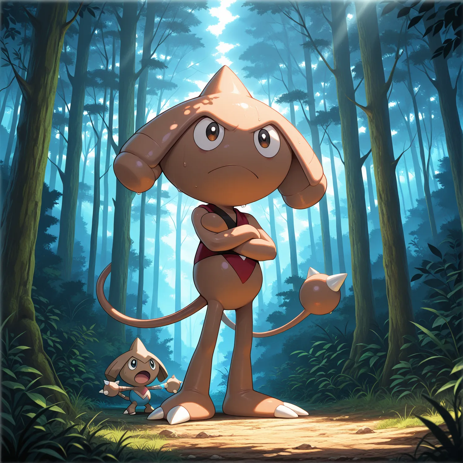 masterpiece,best quality,amazing quality, Casey with his pokemon Hitmontop on the side, arms crossed, in the forest, sunshine, high quality, casey wearing his default outfit, hitmontop with all the details of Lora.