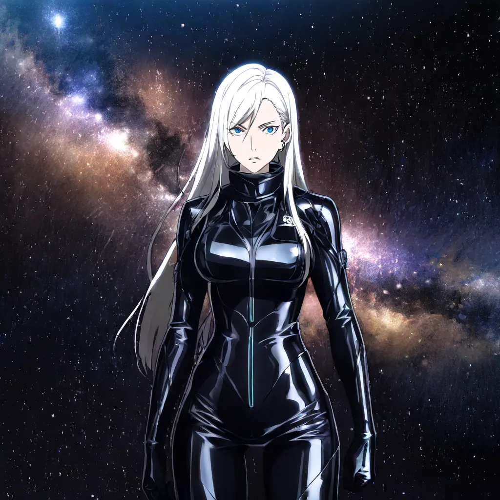 Woman with ,golden white hair,Blue eyes,,,black spacesuit