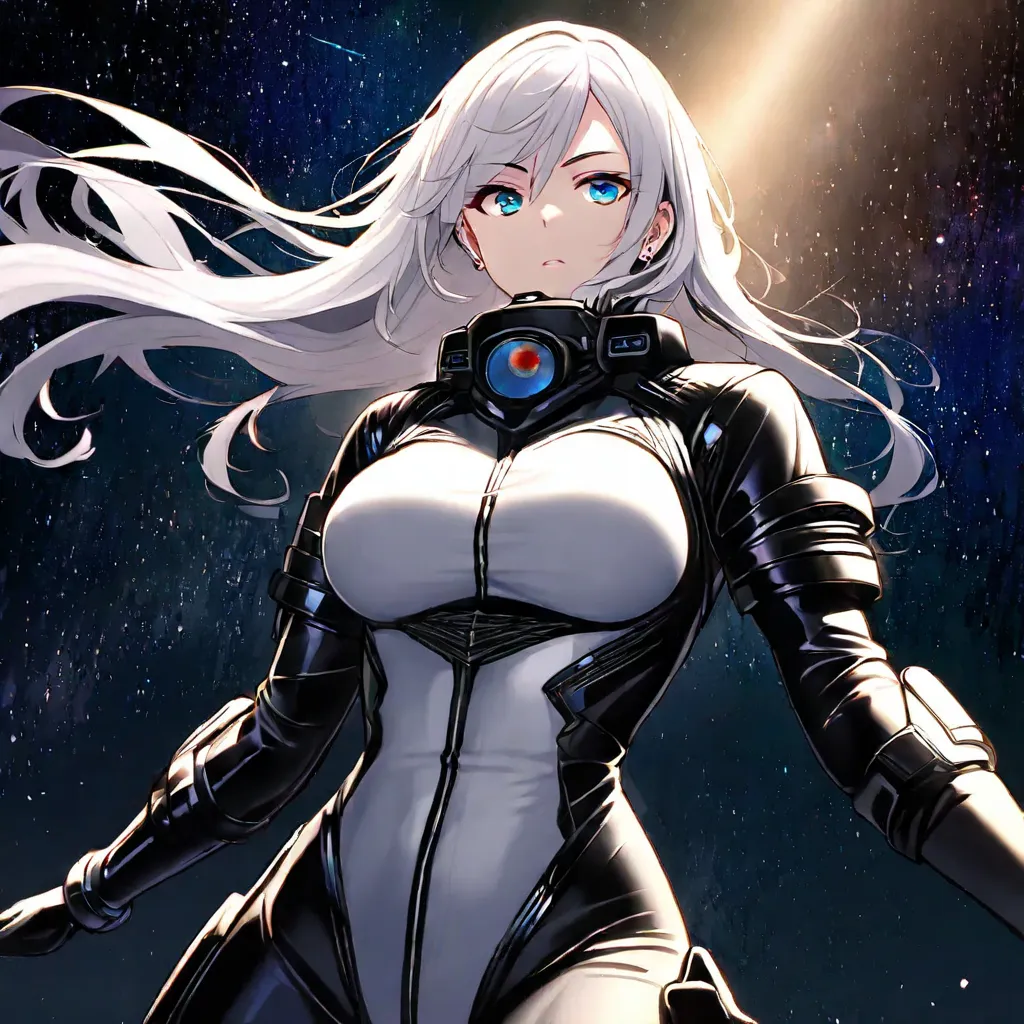 Woman with ,golden white hair,Blue eyes,,,black spacesuit