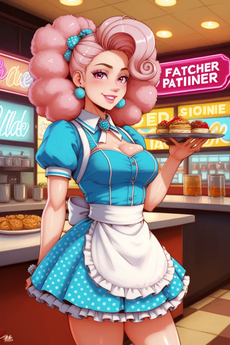 a kitsch illustration of a vintage diner, with chrome accents, neon signs, and a waitress wearing a poodle skirt. The scene should be filled with playful details and a sense of nostalgia, utilizing bold, vibrant colors and whimsical, vintage aesthetic, rem...