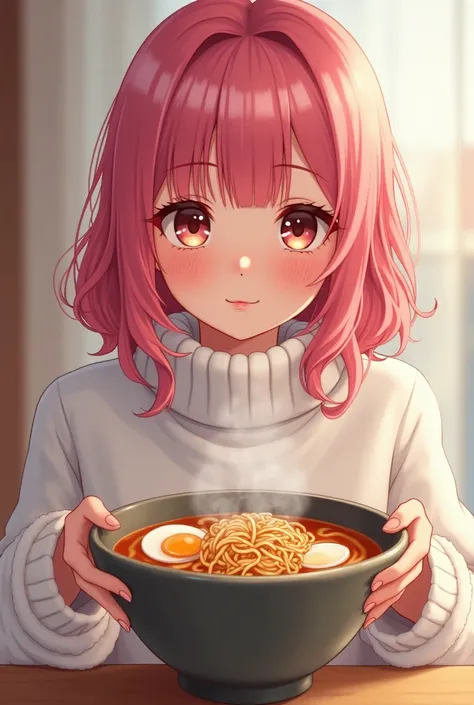 Cute adult girl in a white sweater and pink hair,Eats ramen with beautiful eyes 