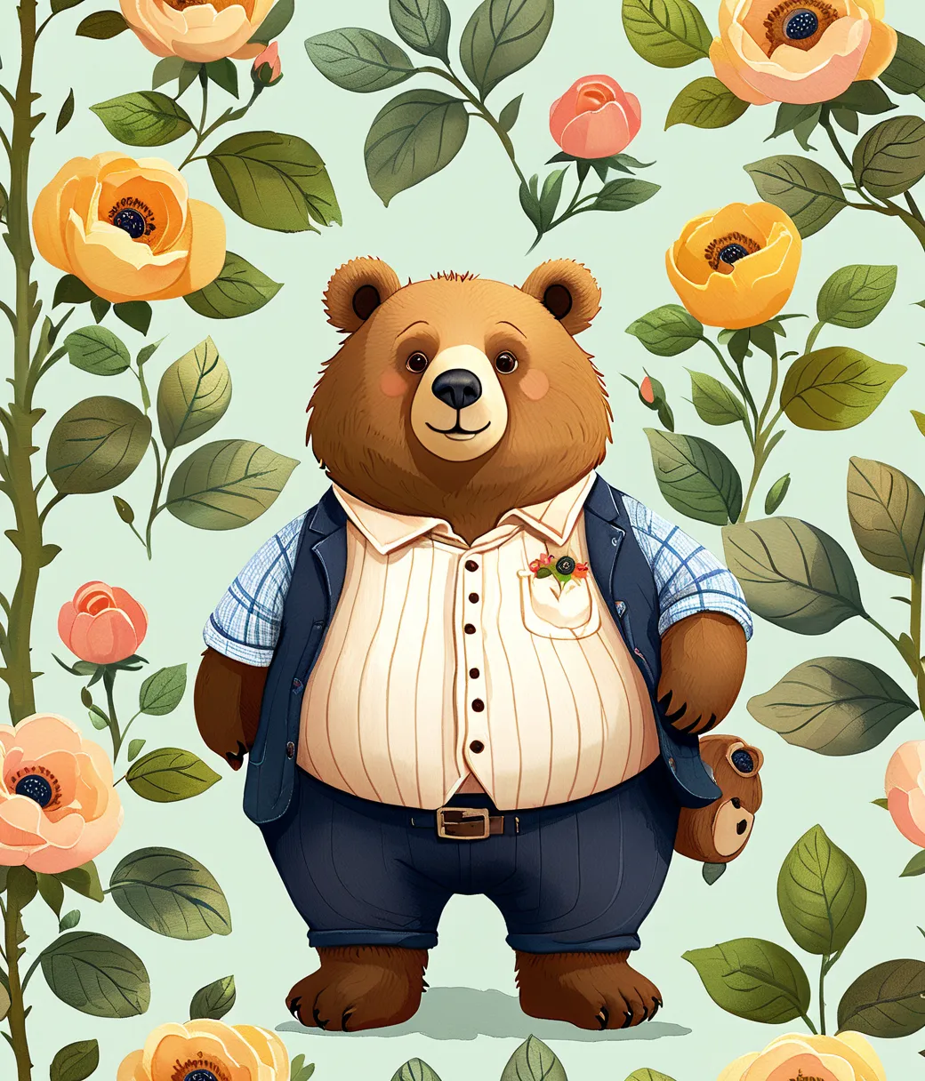 style of Flora Waycott, (cute, chubby, male, bear), adorable, magical, fantasy, hires textures, highly detailed, intricate details, best quality, masterpiece, zPDXL3