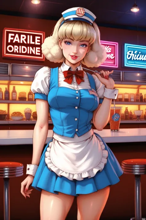 a kitsch illustration of a vintage diner, with chrome accents, neon signs, and a waitress wearing a poodle skirt. Pakai bikini wajah wanita cantik HD. HDR SR3.