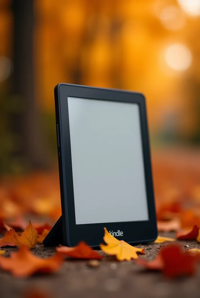 the Kindle must be at 90 degrees and look from the front, I need a background for an Instagram post for my book account inspired by the end of summer beginning of autumn, Let it be understood that the first, I need it to have the image of a Kindle in a ver...