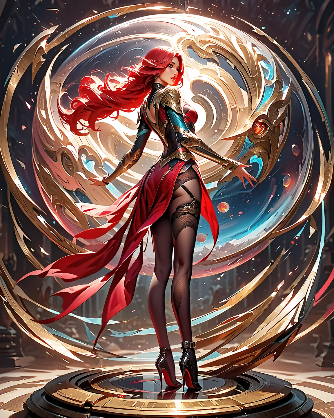 Full body image (((full body view))) gritty, dynamic and powerful depiction of Highly detailed RAW color photo, beautiful woman, Wanda Maximoff, long red hair, dynamic pose, Scarlett With, (detailed skin), (detailed lips), (detailed eyes), (cosmic: 1.4), (...