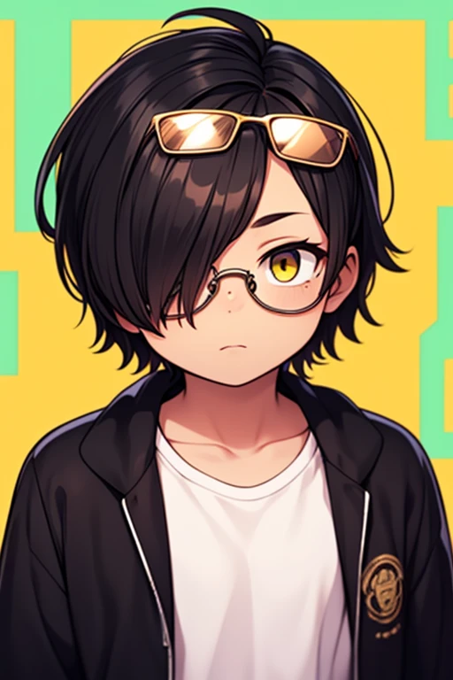 Great work Shota Lonely facial expressions Sunglasses Hair on one eye Detailed body Open shirt Yellow eyes Colorful background Great work