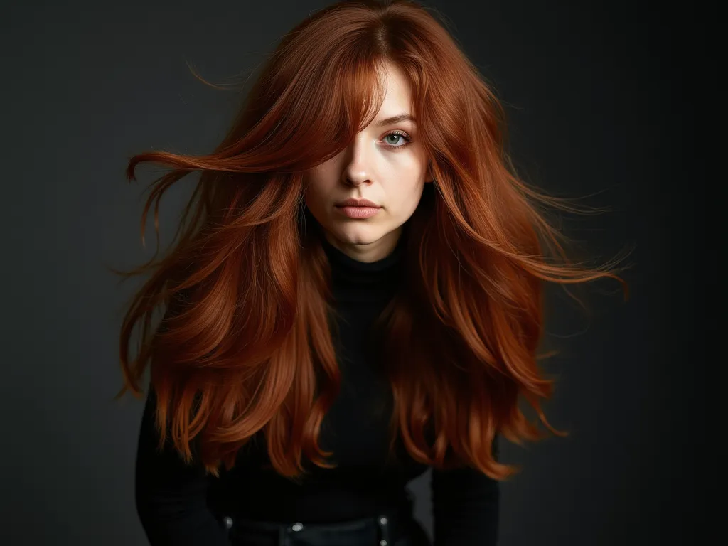 Kasia Sienkiewicz with long flowing red hair dark, fashion top rave, indie, photography, Vogue magazine style, influenced by Annie Leibovitz and Mert & Marcus, studio lighting, high-fashion attire, makeup, shot, 85mm lens, front view, (high resolution:1.2)...