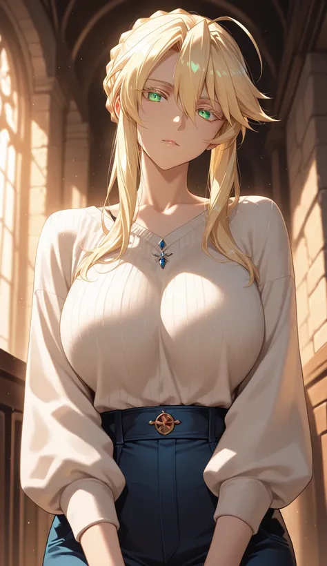 Masterpiece, very aesthetic, vibrant, high contrast, high resolution, ultra detailed, hot mature woman, artoria Pendragon (lancer), casual clothes, soft light, indoor, best quality, newest, castlevania: nocturne anime style