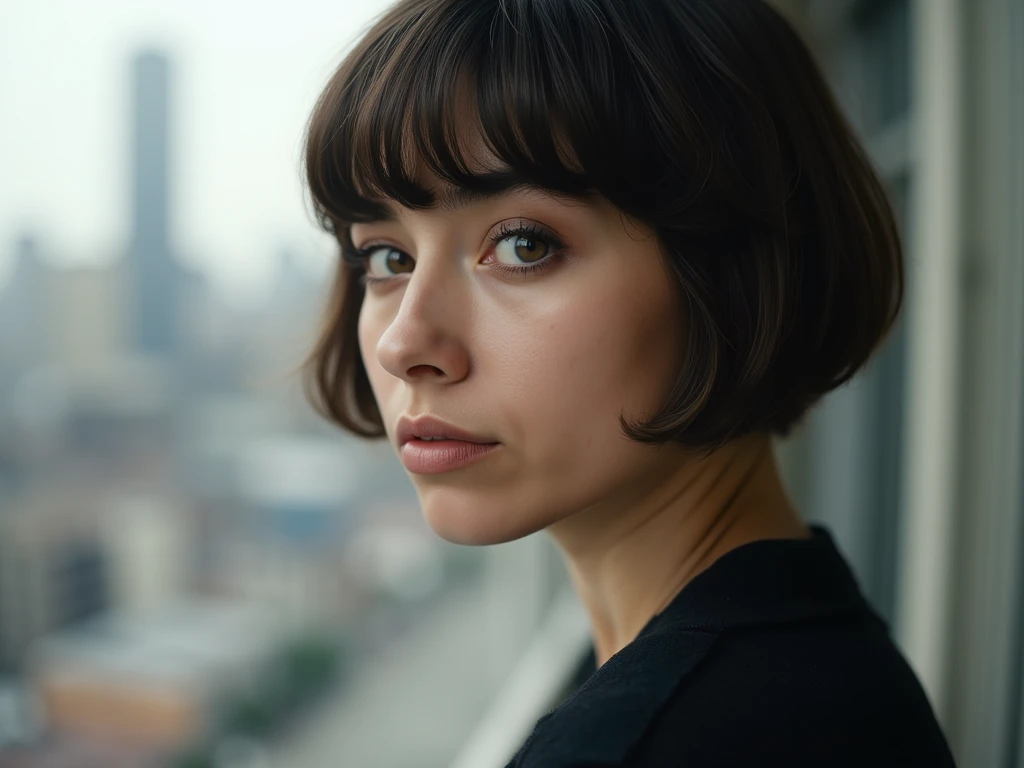 Kasia Sienkiewicz A crisp photorealistic portrait of a woman sporting a short haircut and sincere gaze, paired with a blurred cityscape in the background.