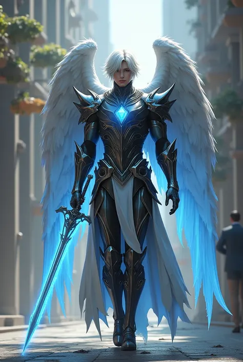 masterpiece, (top quality), highly detailed, Super detail, AN ARCHANGEL, ( enormes basic Mecânicas: black,  glowing eyes: blue, greyarmor: 1.2, Elon Gated Years: 0.8), (heavenly city: 1.5,  arms:  Energy Blade ), (fantasy setting: 1.9,  natural light: 1.5,...