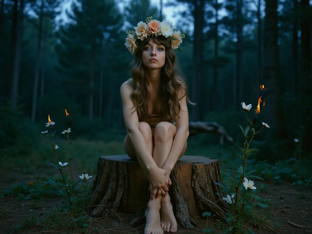 Kasia Sienkiewicz A very Dark starry black moon midnight in a pine forest. Epic surrealism. FANTASM. Highly detailed cinematic high resolution digital photo. A full-length barefoot woman sits on a tree stump with her arms around her knees, with beige matte...