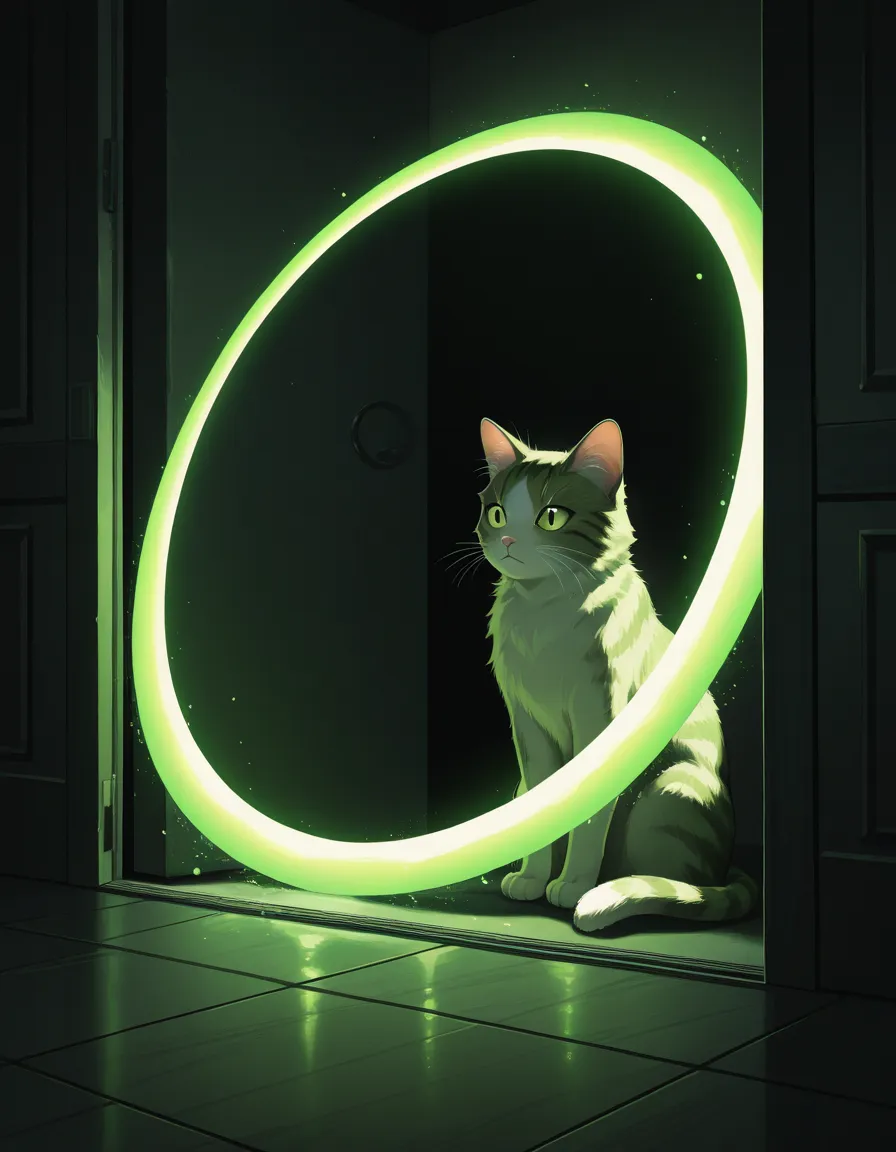 masterpiece, best quality, amazing quality,

dark theme, door on floor, cat viewing door, shinny green lighting from door, (portal:1.2)
