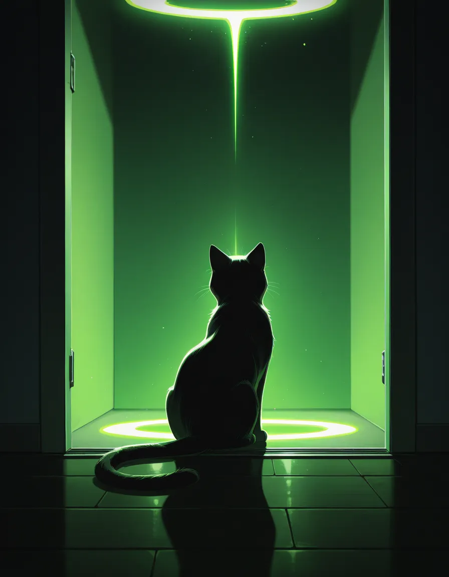 masterpiece, best quality, amazing quality,

dark theme, door on floor, cat viewing door, shinny green lighting from door, (portal:1.2)
