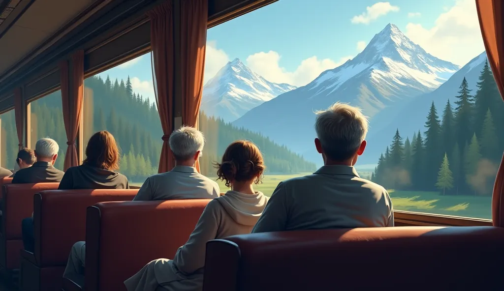 people are sitting inside a train carriage, mountains and forests are visible through the window