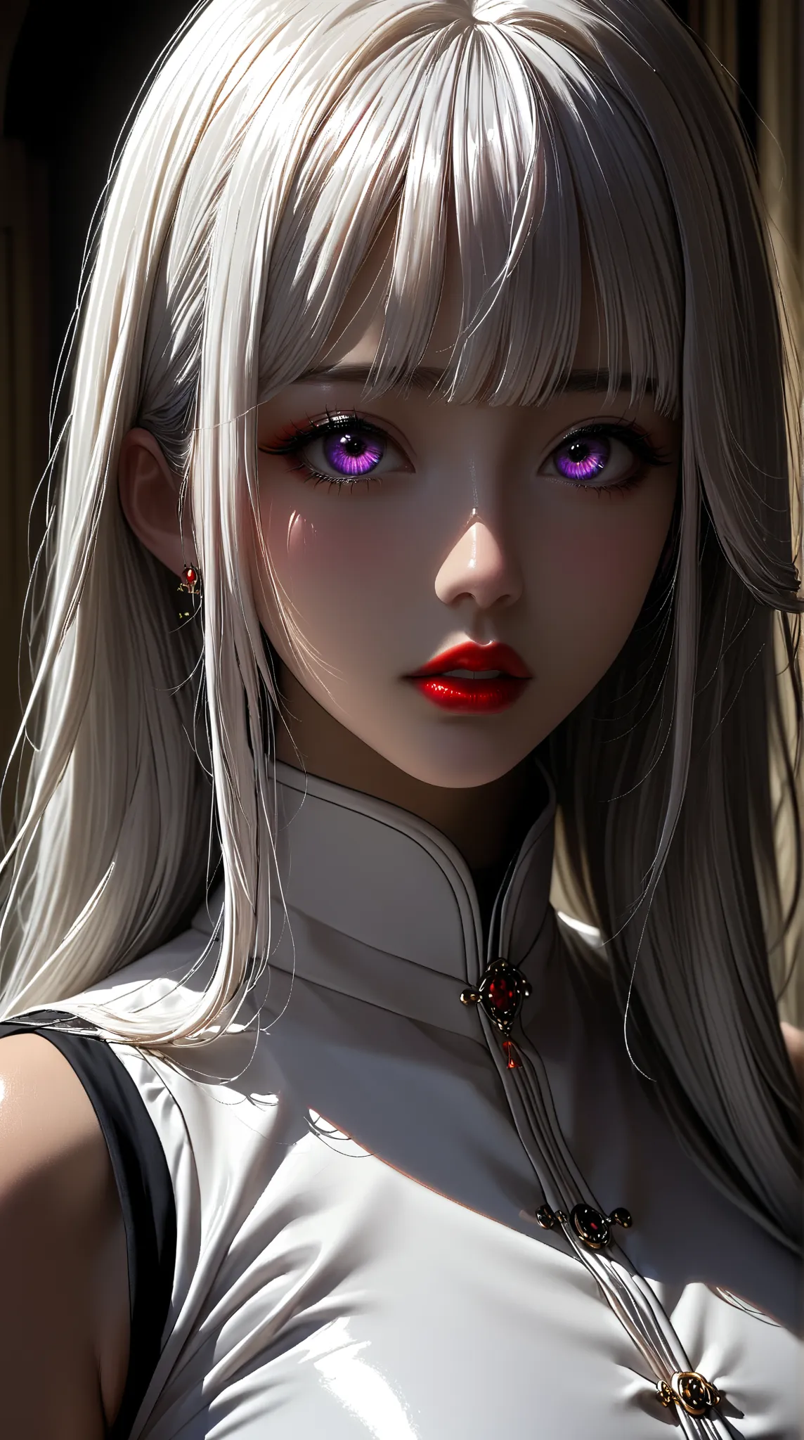 A beautiful asian woman with long straight white hair, straight bangs, big purple eyes, red lips, big breasts, shiny skin, and very pronounced cleavage stands facing viewer, though an extremely modern girl dressed in modern colorful fashion who could be mi...