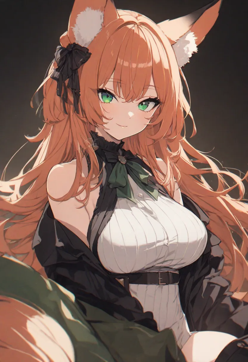 [32k, 8k, masterpiece] girl, redhead orange hair, deep green green eyes, seductive smile, fox ears, large breasts