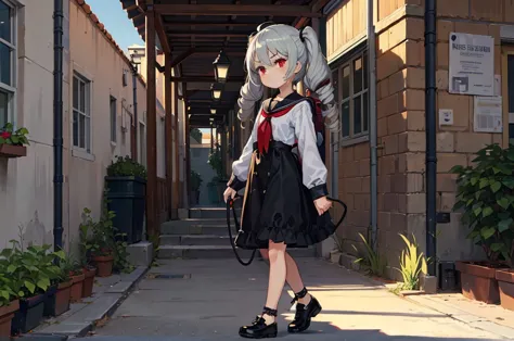 Young girl with grey hair, ((fringed and curly hair)),((curly short twintail)), curly hair ,(red eyes),, ((small bushy eyebrows)), wearing gothic lolita clothing, lolicon , to school, bored eyes, bored face , walking to school, , showing pussy