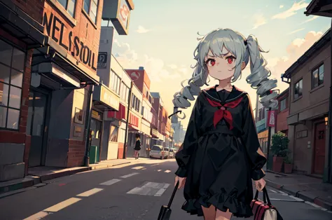 Young girl with grey hair, ((fringed and curly hair)),((curly short twintail)), curly hair ,(red eyes),, ((small bushy eyebrows)), wearing gothic lolita clothing, lolicon , to school, bored eyes, bored face , walking to school, , showing pussy