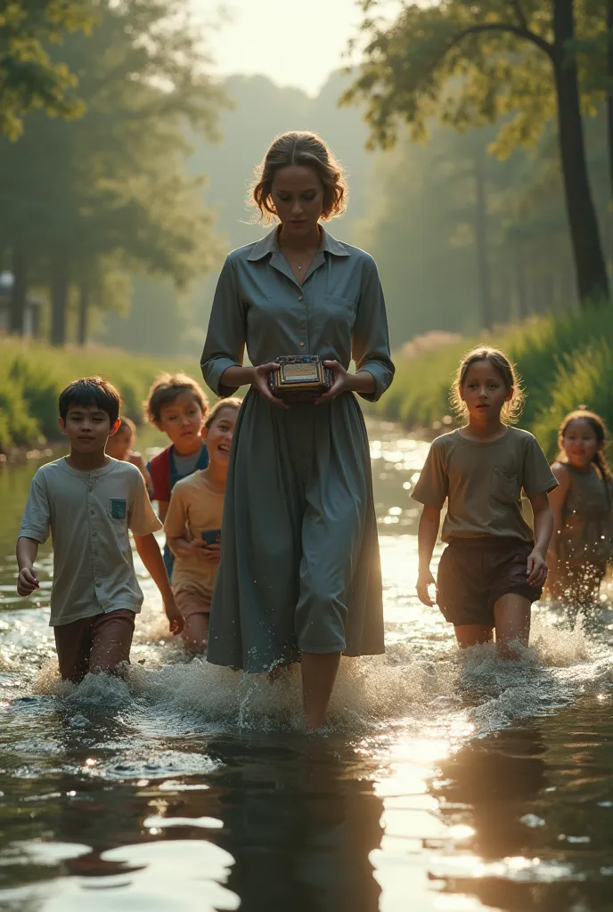 teacher, with dresses from the 40s, Walking inside the river,  with a  in his lap . Other ren accompany her with water on their knees.
