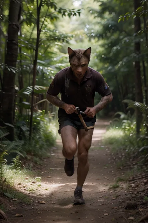 A brown-furred cat is running frantically along a narrow dirt path in a dense forest. The camera captures the cat from the front, its wide, terrified eyes reflecting the dim light filtering through the thick canopy. Behind the cat, a menacing man with a gr...