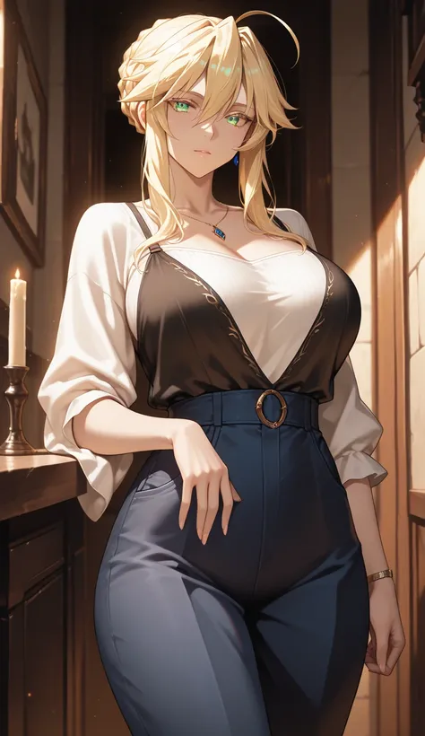 Masterpiece, very aesthetic, vibrant, high contrast, high resolution, ultra detailed, hot mature woman, artoria Pendragon (lancer), casual clothes, soft light, indoor, best quality, newest, castlevania: nocturne anime style