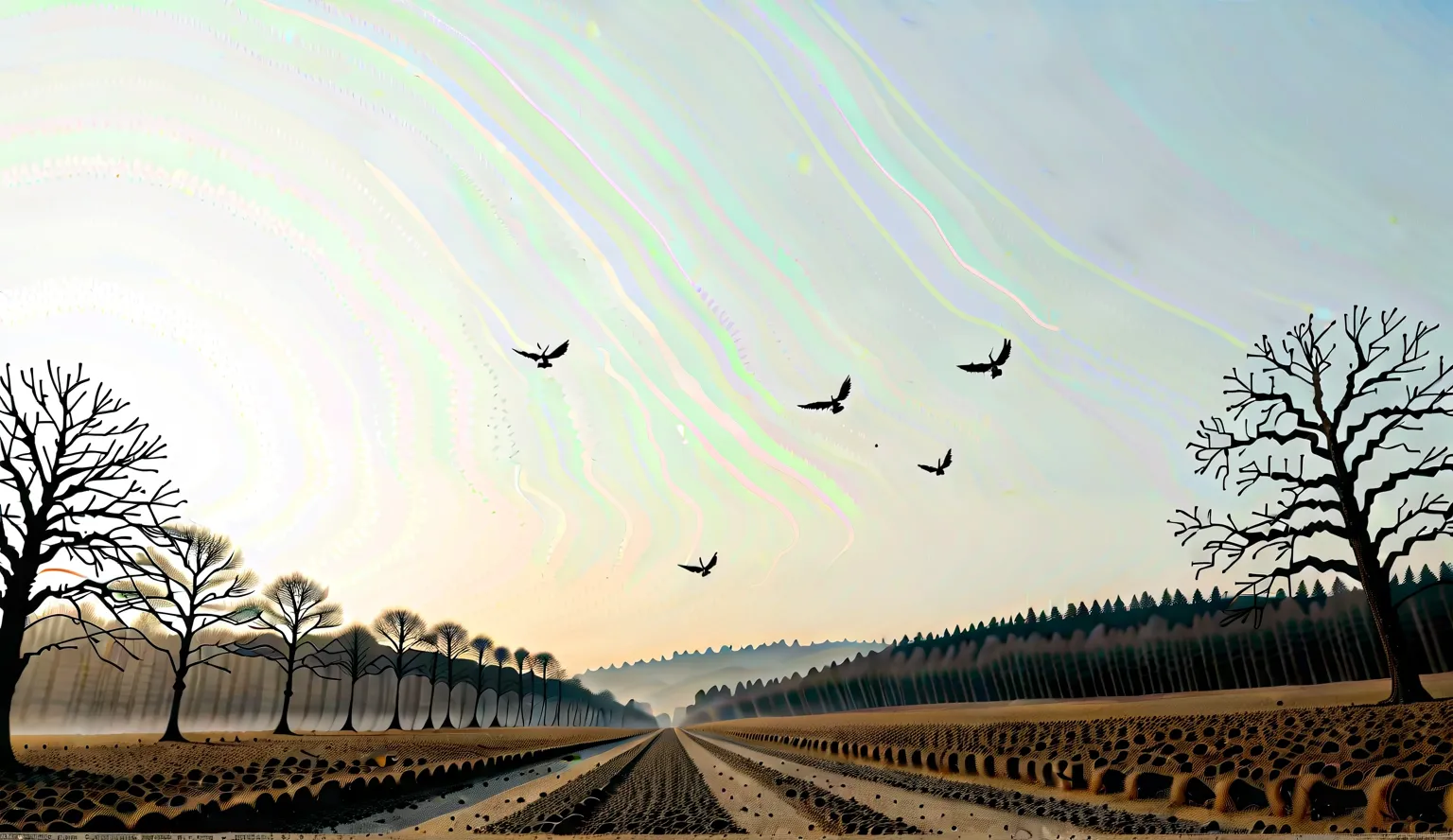 Create an image from the first-person perspective of a WWII paratrooper descending toward a war-torn landscape in the early morning light. The scene is framed by the outstretched arms of the soldier gripping the parachute’s risers above him, boots dangling...