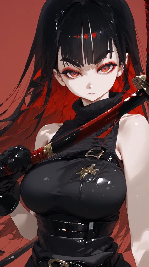  Masterpiece ,better quality, amazing quality, in my hand is very aesthetically pleasing, newest , 1girl, Breasts +3, weapon, One, ,  red background, black hair, holding weapon, holding, unsheathing, large Breasts, holding ,  glove belt, Looks at the viewe...