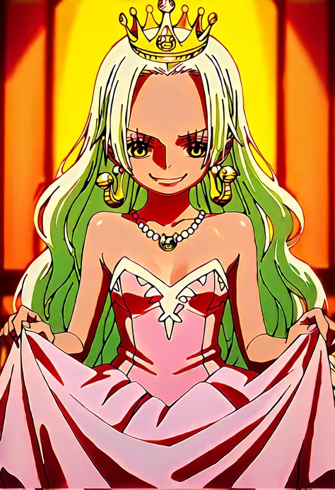 S-Snake from the anime one piece with very small breasts and wearing a sexy princess dress with a crown on her head and wearing a strapless dress and with a neckline showing her tits in a medieval city and looking slutty with a smile and holding the dress ...